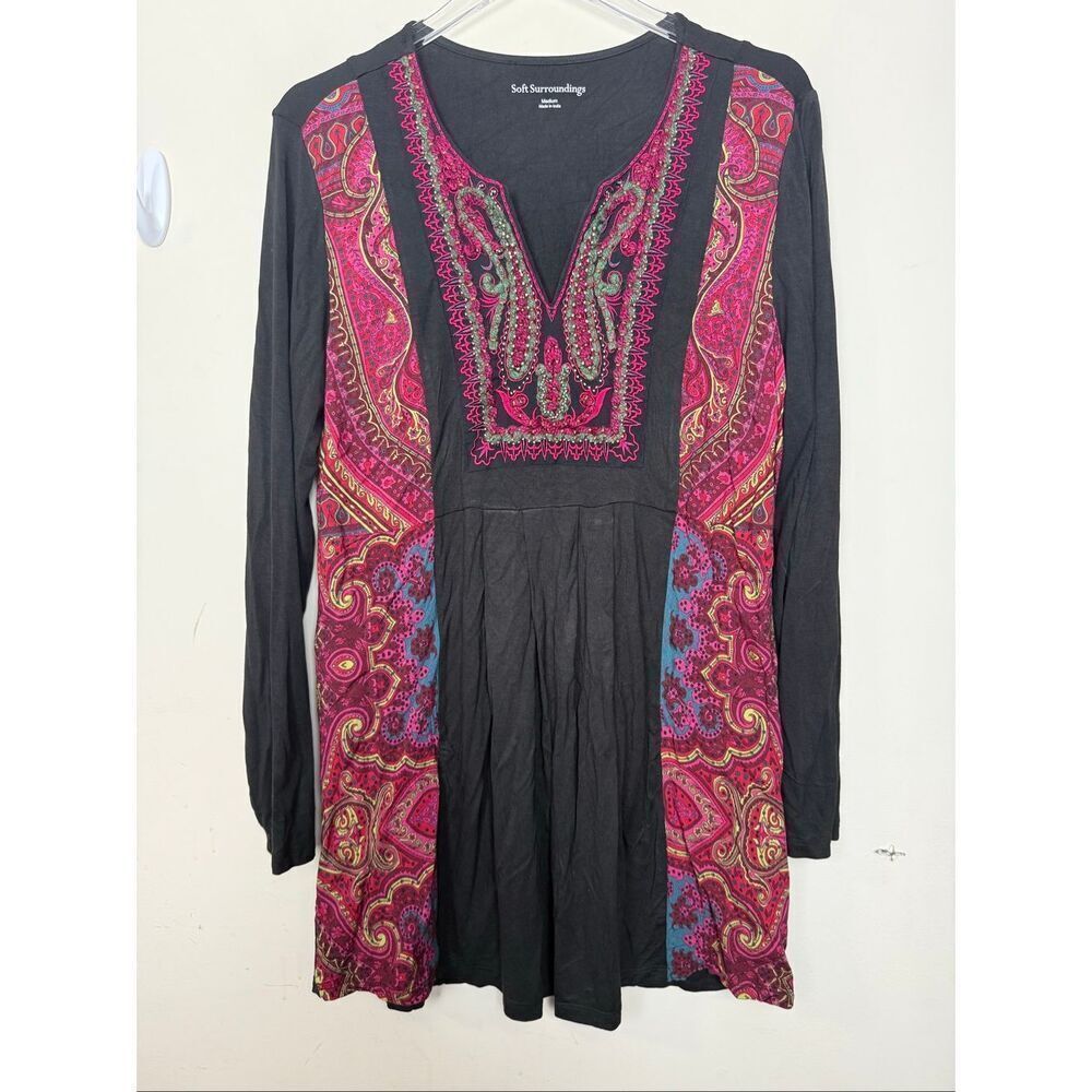 Soft Surroundings Kashmir Tunic Top Size M Boho Paisley Embroidered Split Neck L